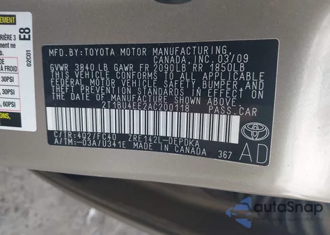 2010 Toyota Corolla Le из США, поврежденный, VIN 2T1BU4EE2AC200118